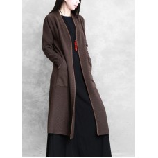 Elegant chocolate coat plus size long coat pockets