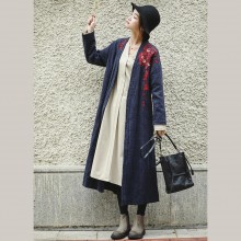 Loose Blue Embroidery Long side open Cotton Linen Coat For Women