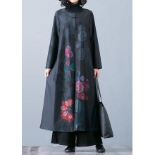 Fine black prints overcoat trendy plus size long jackets fall trench coats Chinese Button