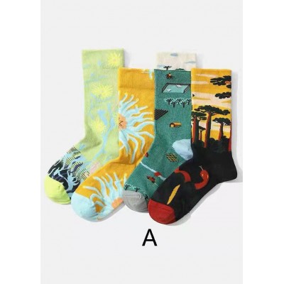 Fine Retro college style Jacquard Cotton Mid Calf Socks